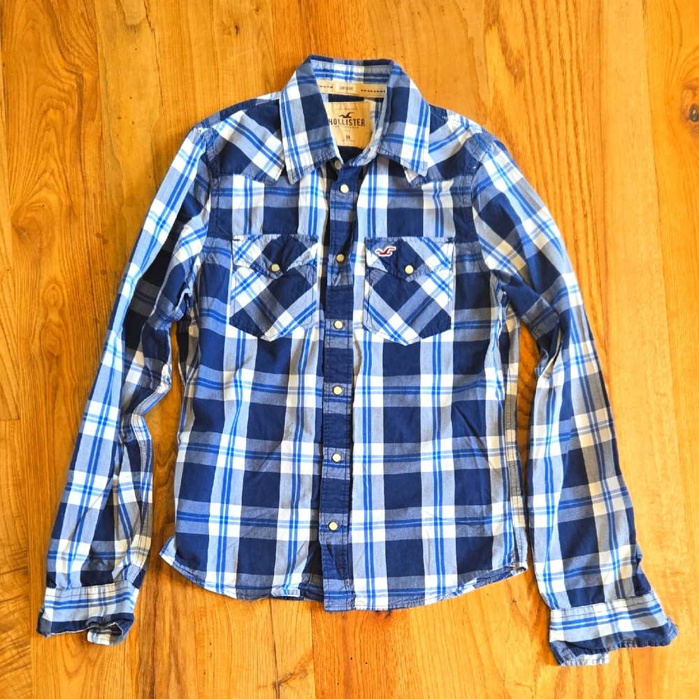Hollister Men's Pearl Snap Button Down Size M Surfer Cut Shirt Blue/Navy Check